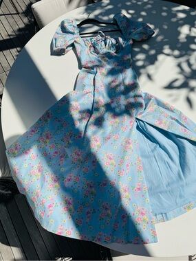 House of CB Blue Vintage Floral Puff Sleeve Maxi Dress “Tallulah”
